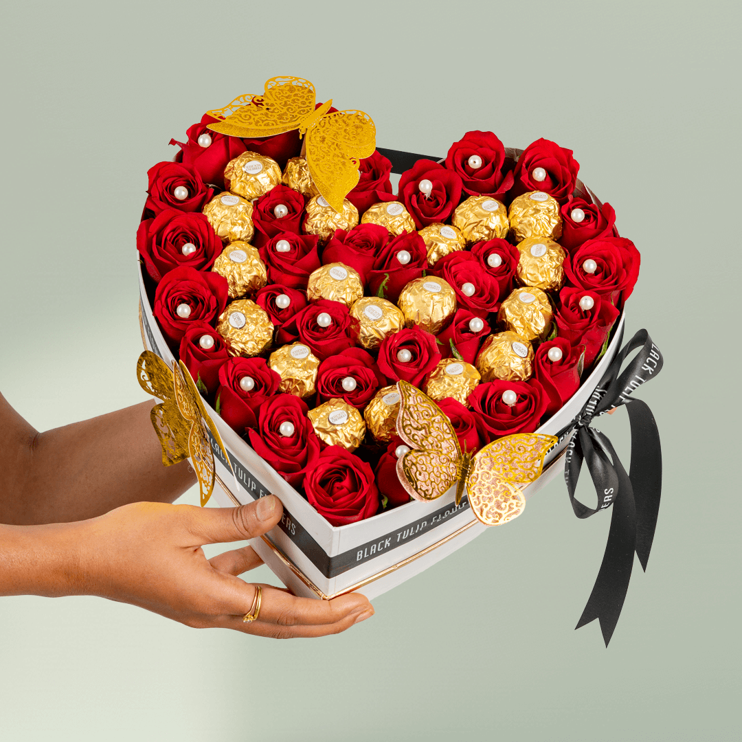 Red Roses & Ferrero Heart Box arranged with red roses, white roses and Ferrero Rocher chocolates