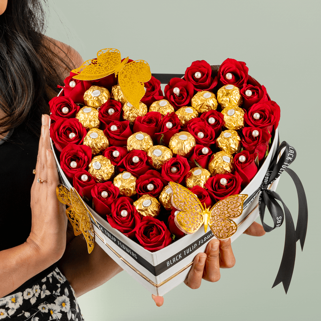 Red Roses & Ferrero Heart Box arranged with red roses, white roses and Ferrero Rocher chocolates