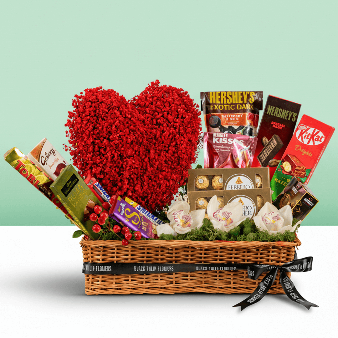 Valentine Rose & Chocolate Treat Box arranged with red roses with assorted premium chocolates
