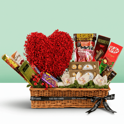 Valentine Rose & Chocolate Treat Box arranged with red roses with assorted premium chocolates