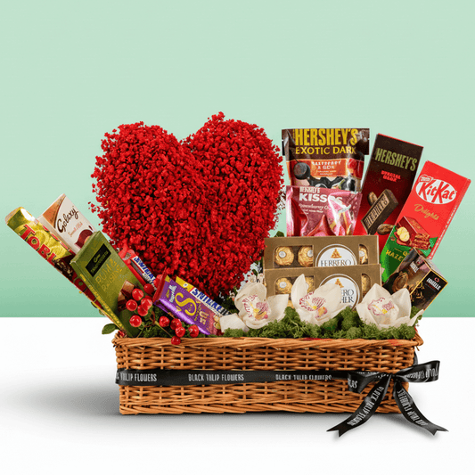 Valentine Rose & Chocolate Treat Box arranged with red roses with assorted premium chocolates