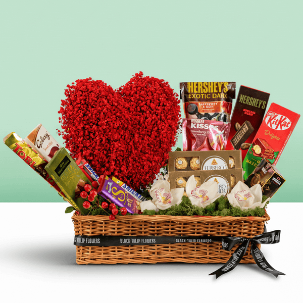 Valentine Rose & Chocolate Treat Box arranged with red roses with assorted premium chocolates