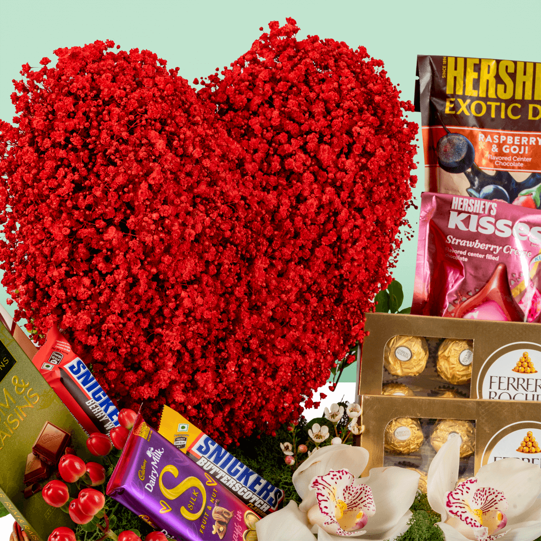 Valentine Rose & Chocolate Treat Box arranged with red roses with assorted premium chocolates