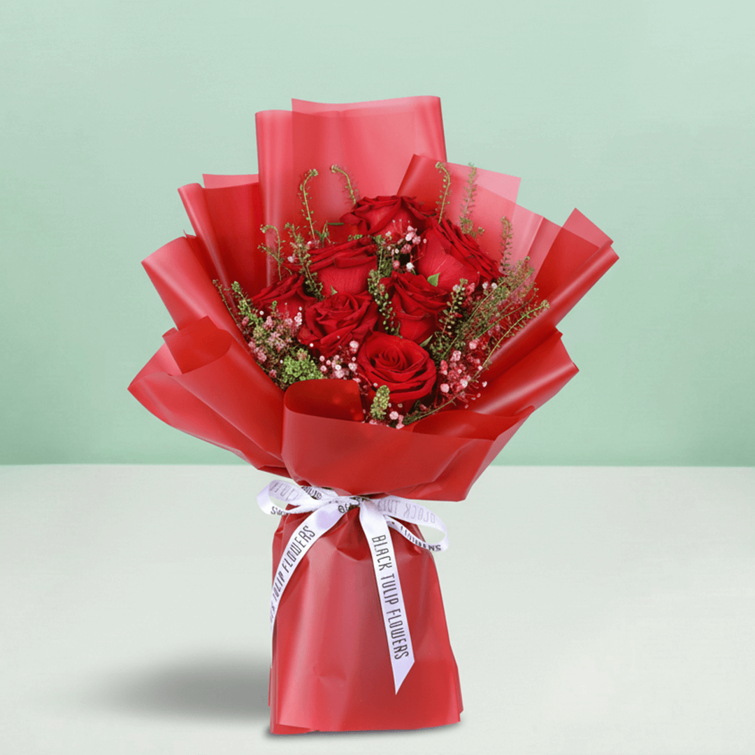 Timeless Love 10 Red Rose Bouquet arranged with 10 fresh red roses with soft fillers