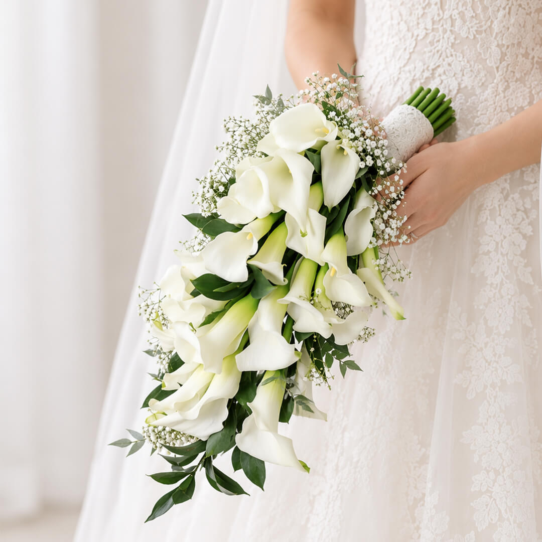 White calla lily with delicate gypsophila flowers arranged in a minimalist hand-tied wrap.