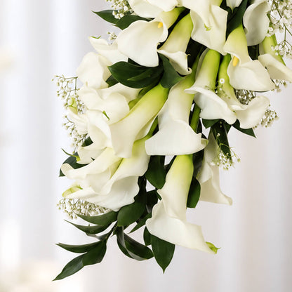 White calla lily with delicate gypsophila flowers arranged in a minimalist hand-tied wrap.