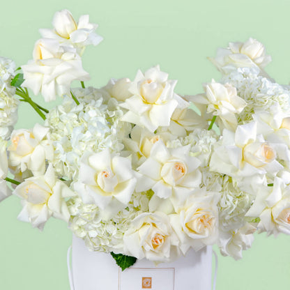 Elegant white hydrangea and rose flower box with 30 fresh blooms for special celebrations