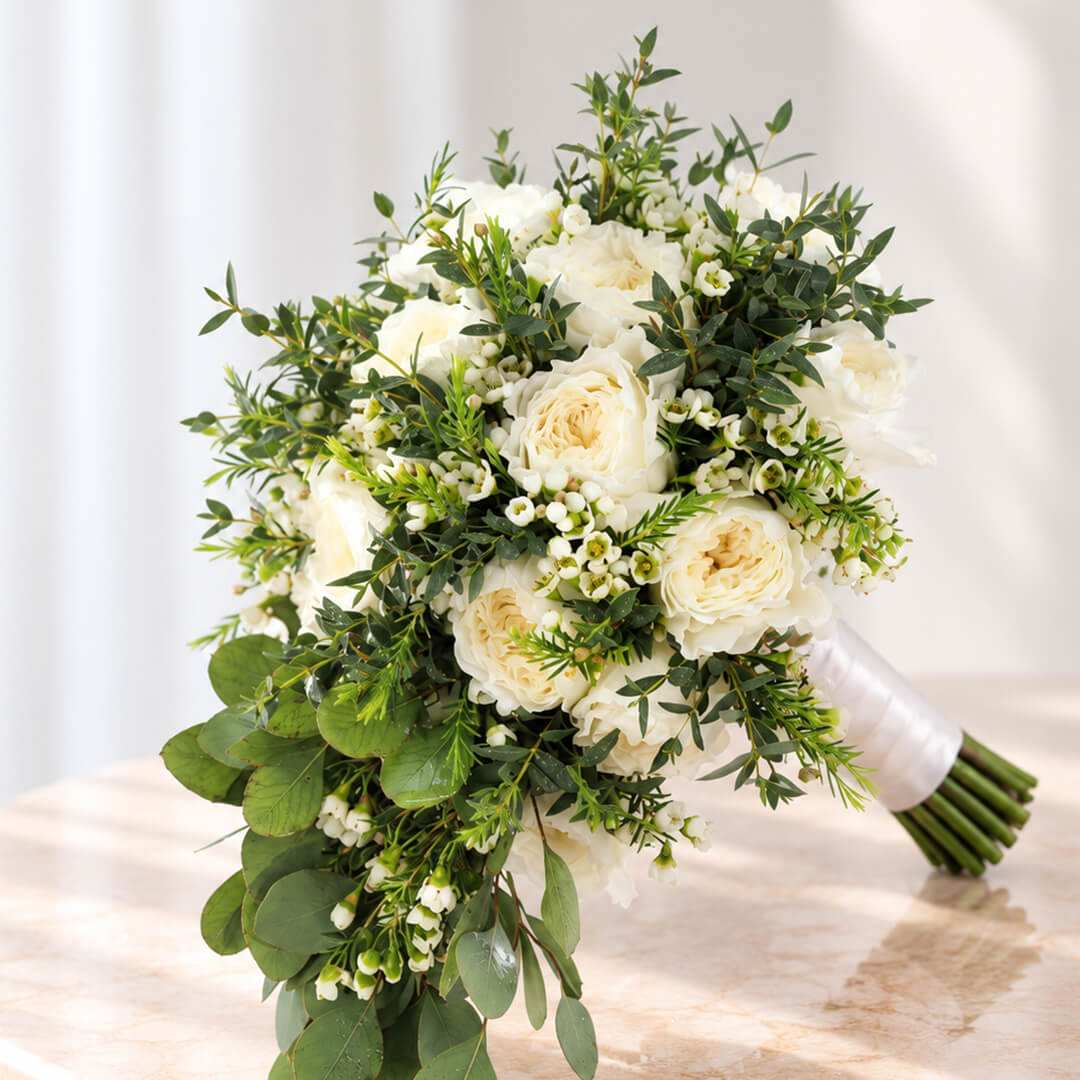 Premium white rose bouquet with a minimalist hand-tied design, accented with eucalyptus and wax flowers.
