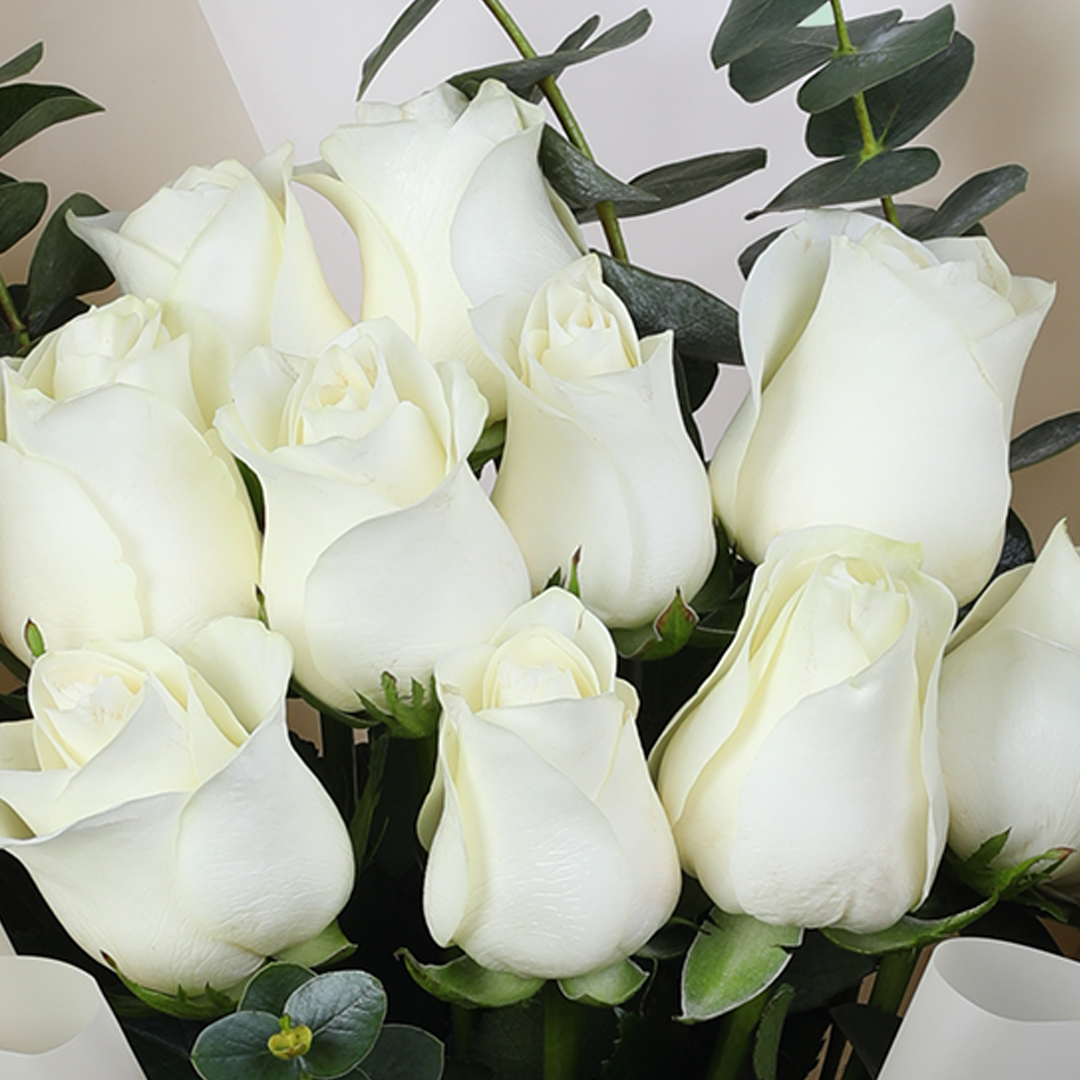 10 White Rose Eucalyptus Bouquet arranged with 10 white roses and eucalyptus