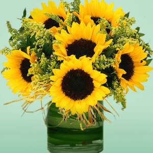 Sunny Sunflowers Vase Arrangement with fresh yellow sunflowers, seasonal blooms, and lush greenery beautifully arranged in an elegant glass vase for cheerful gifting and home décor.