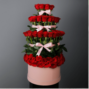 Valentine day Bouquet, Lovely Red Roses In A Pink Box - 100 roses in a box, valentine flowers