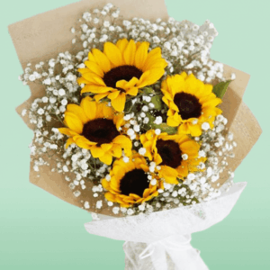 5 Stem Sunflower Bouquet with White Gypsophila Wrapped in Elegant Floral Paper