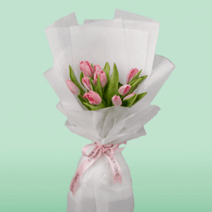 10 pink tulips bouquet wrapped elegantly