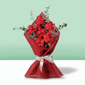 A Beautiful bouquet of 6 red rose tied up with white ribbon