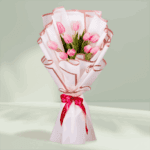 10 pink tulips bouquet wrapped in white Korean flower paper with pink ribbon