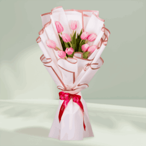 10 pink tulips bouquet wrapped in white Korean flower paper with pink ribbon