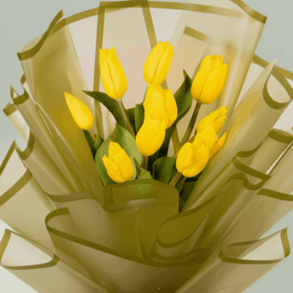 10 yellow tulips bouquet wrapped in olive green Korean flower paper with black satin ribbon