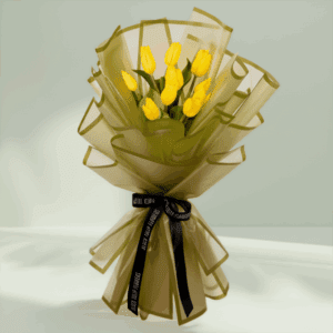 10 yellow tulips bouquet wrapped in olive green Korean flower paper with black satin ribbon