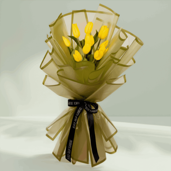 10 yellow tulips bouquet wrapped in olive green Korean flower paper with black satin ribbon