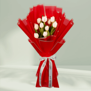 Elegant white tulip bouquet wrapped in red Korean flower paper with satin ribbon