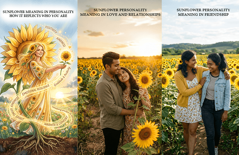 Bright yellow sunflowers symbolizing positivity, confidence, happiness, and bold personality traits against a warm natural background.