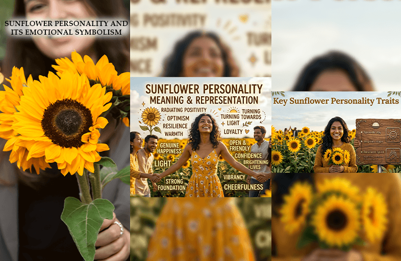 Bright yellow sunflowers symbolizing positivity, confidence, happiness, and bold personality traits against a warm natural background.