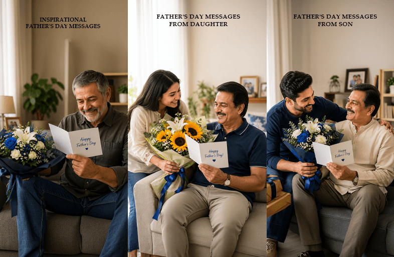 Person writing a meaningful Father's Day message on a flower card next to a colorful bouquet
