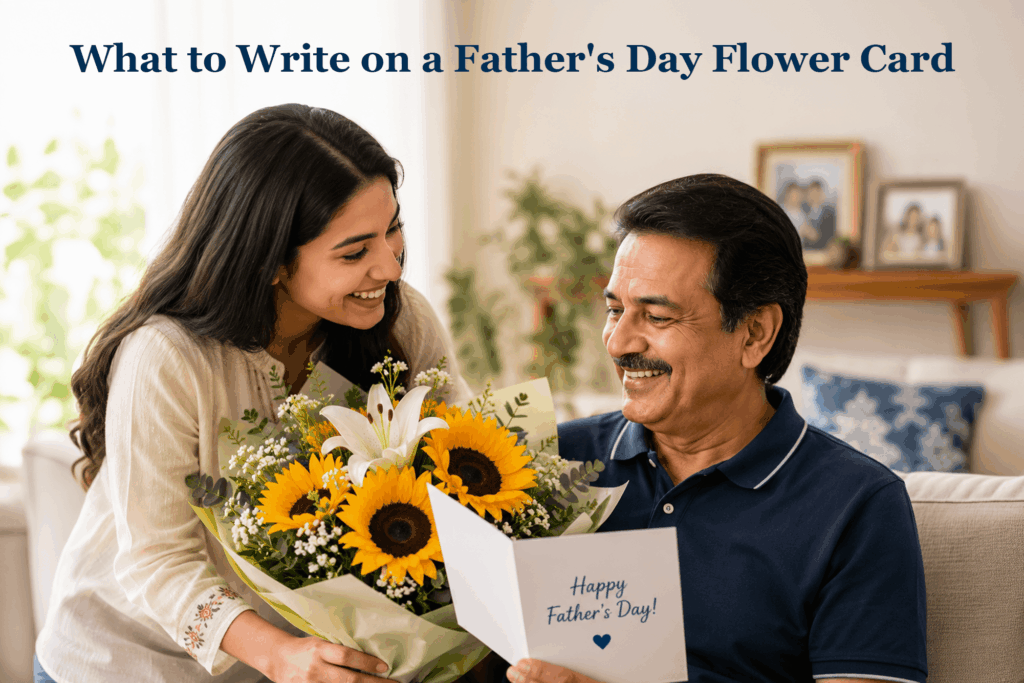 Person writing a meaningful Father's Day message on a flower card next to a colorful bouquet