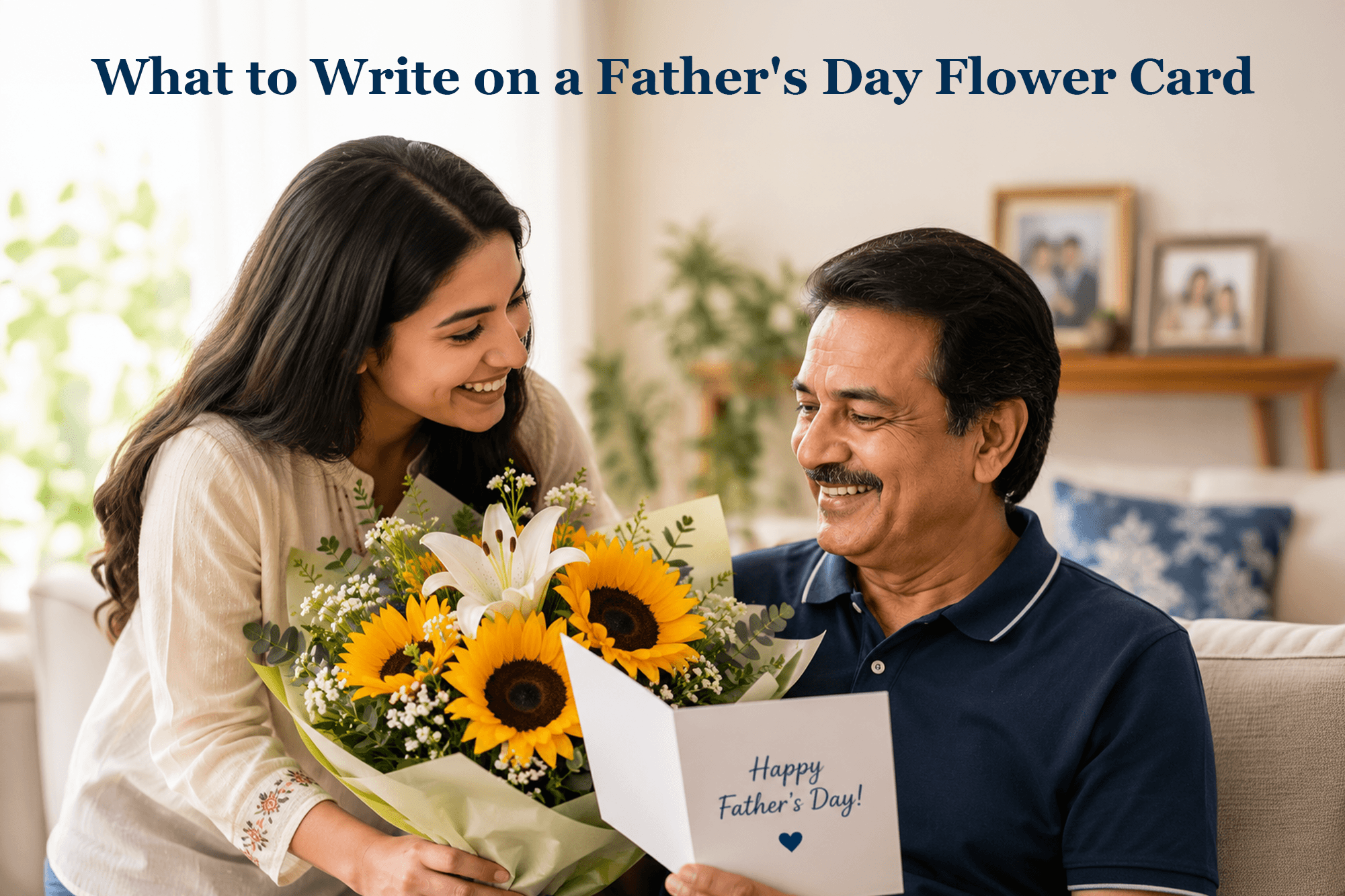Person writing a meaningful Father's Day message on a flower card next to a colorful bouquet
