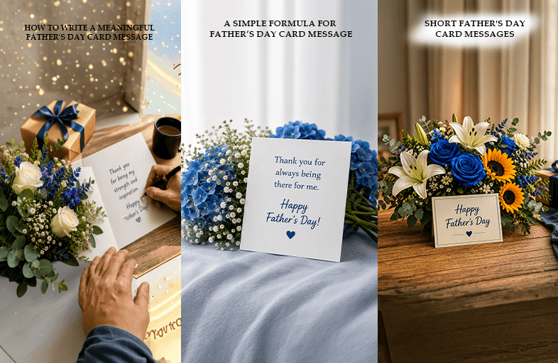 Person writing a meaningful Father's Day message on a flower card next to a colorful bouquet