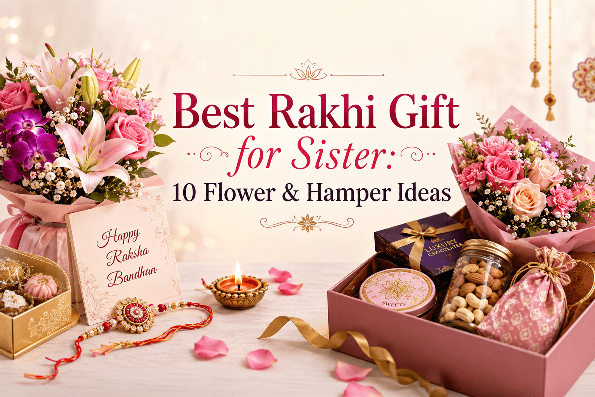 Best Rakhi gift for sister with fresh flower bouquet and Rakhi celebration